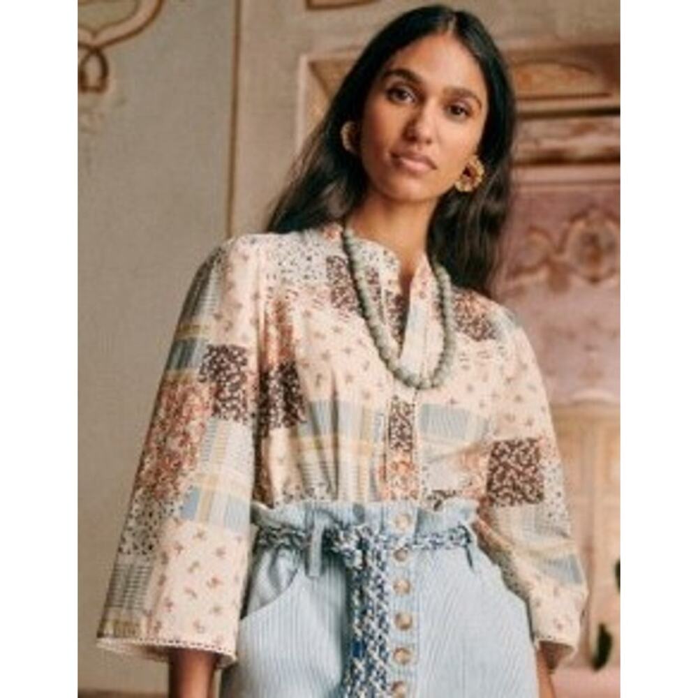 Sezane Patchwork Print Button-Down Shirt in Cream, Blue and Brown